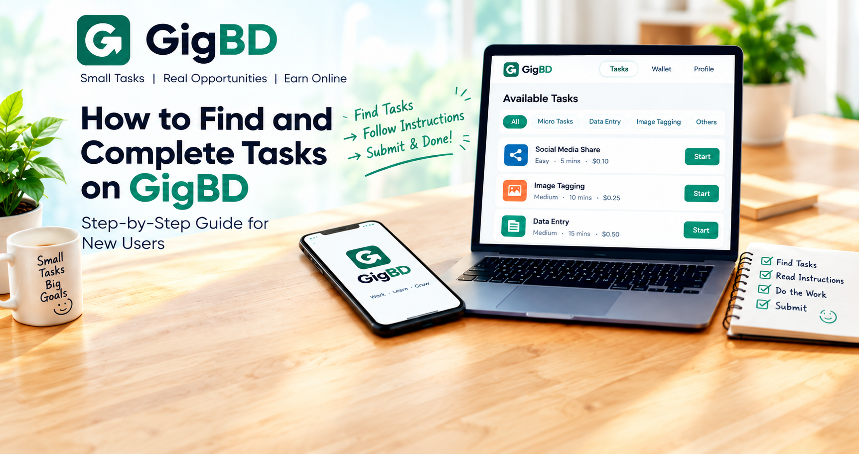 GigBD guide showing how to find and complete online tasks using a laptop and mobile phone