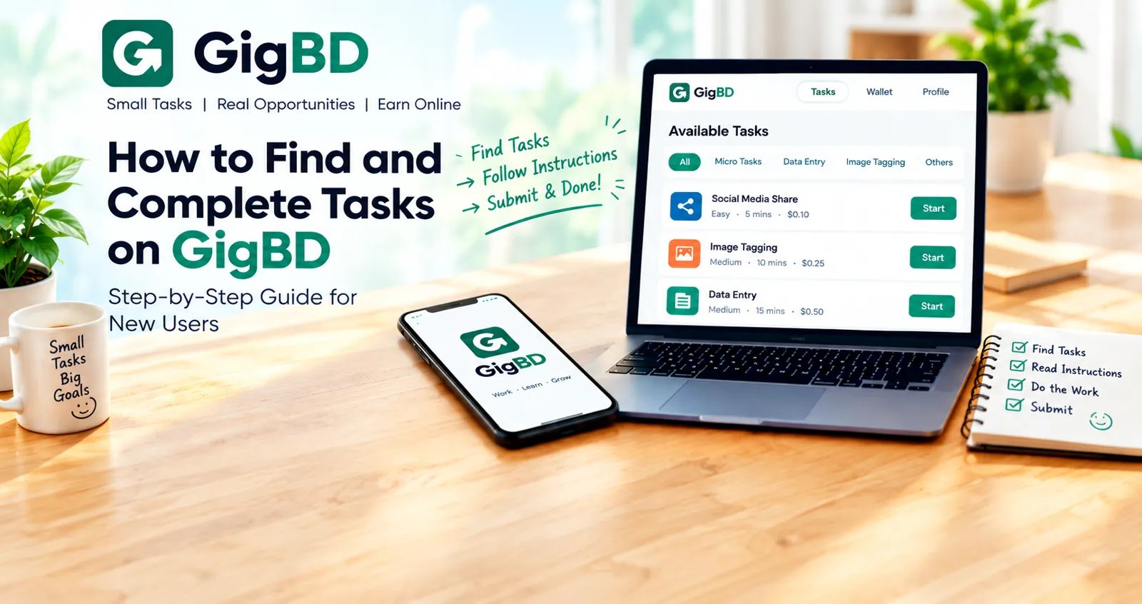 GigBD guide showing how to find and complete online tasks using a laptop and mobile phone