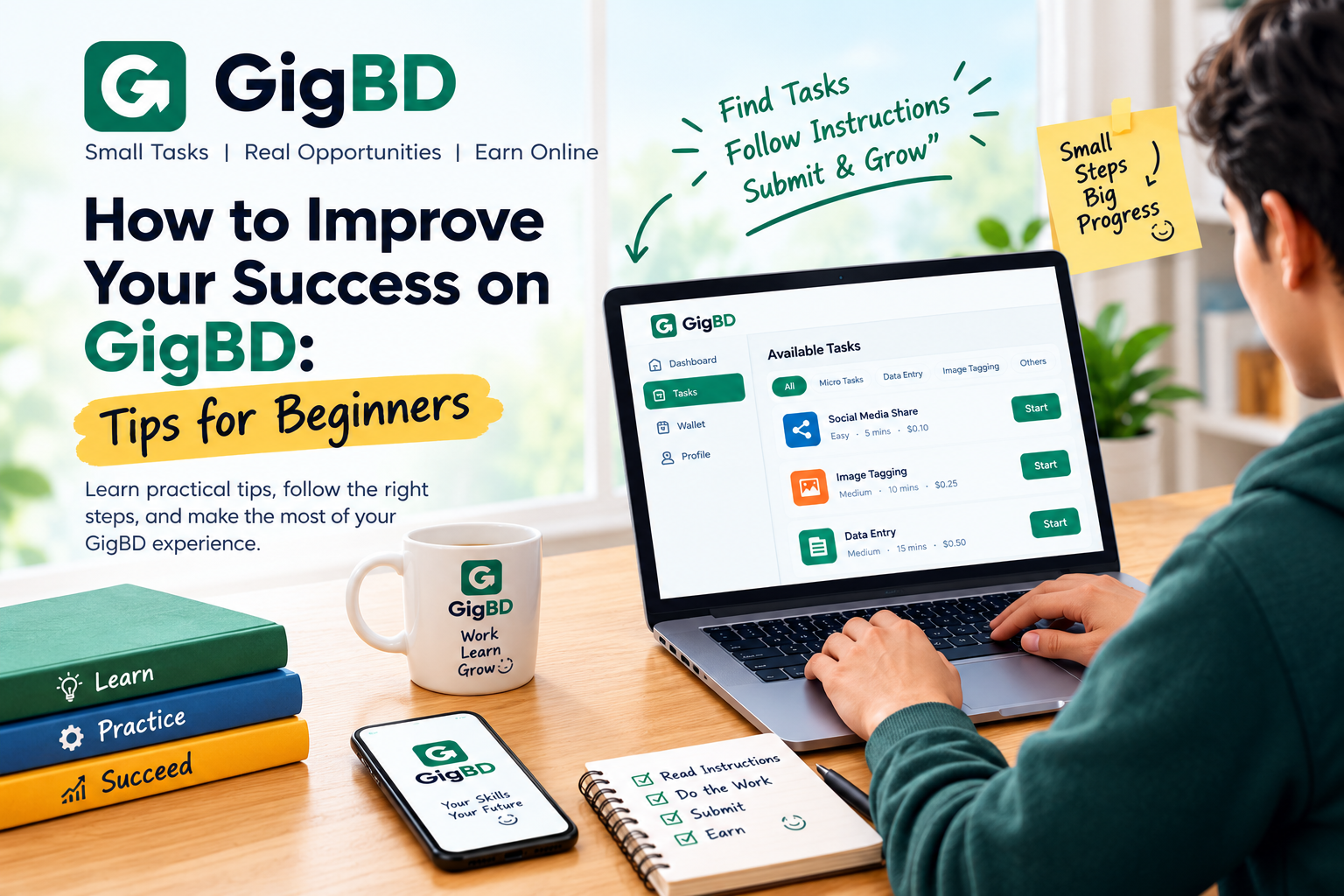 GigBD guide showing practical tips for finding tasks and completing online work