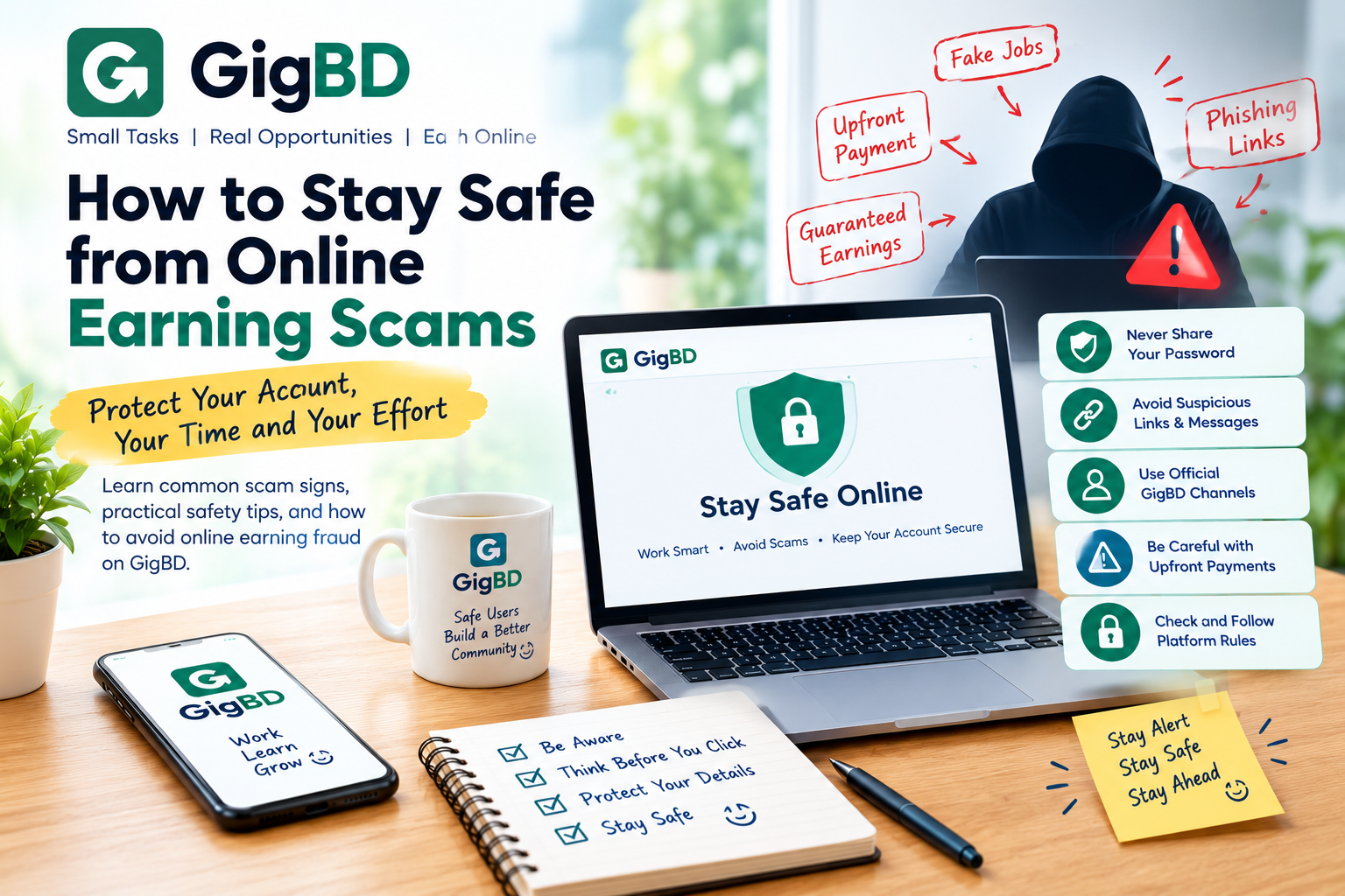 GigBD online safety guide showing scam warning signs and tips for protecting accounts and personal information