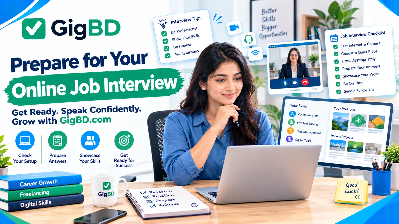 A freelancer preparing for an online job interview with a laptop, interview checklist, and professional workspace for GigBD.com.