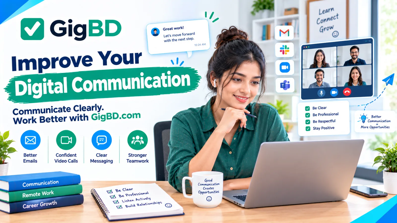 A freelancer using a laptop for online communication with message cards and video meeting tools in a modern workspace.