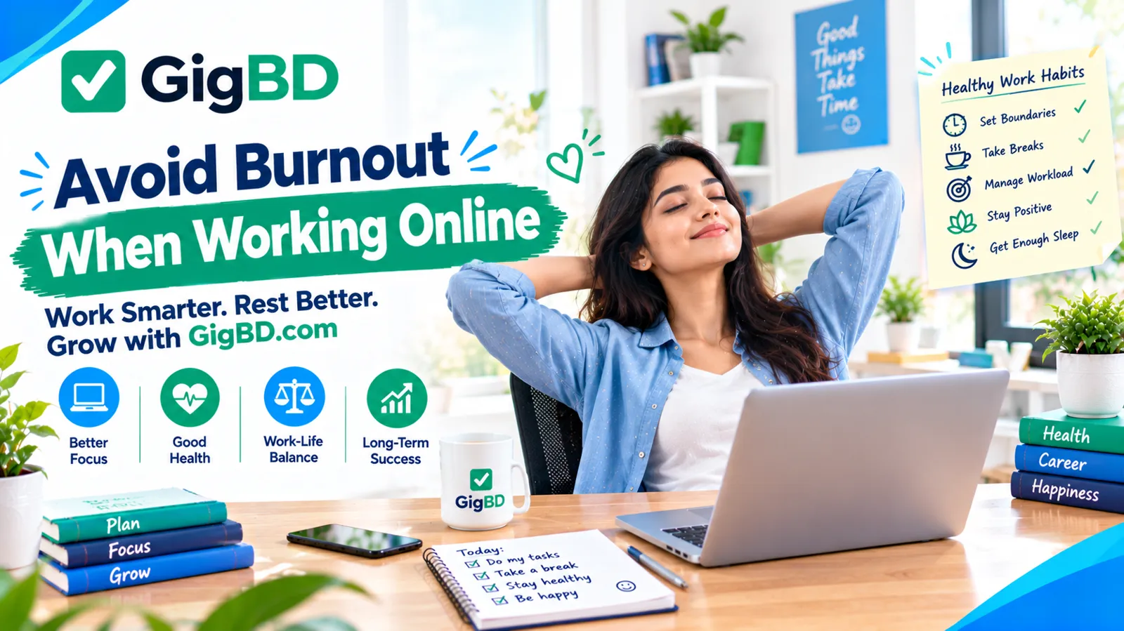 A woman freelancer taking a healthy break from online work at a modern home office with a laptop and plants.